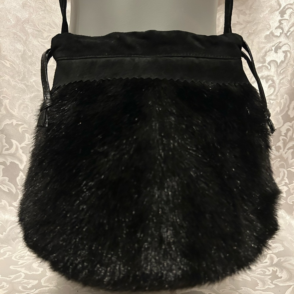 dennis basso Black Faux Mink Fur Crossbody Bag
